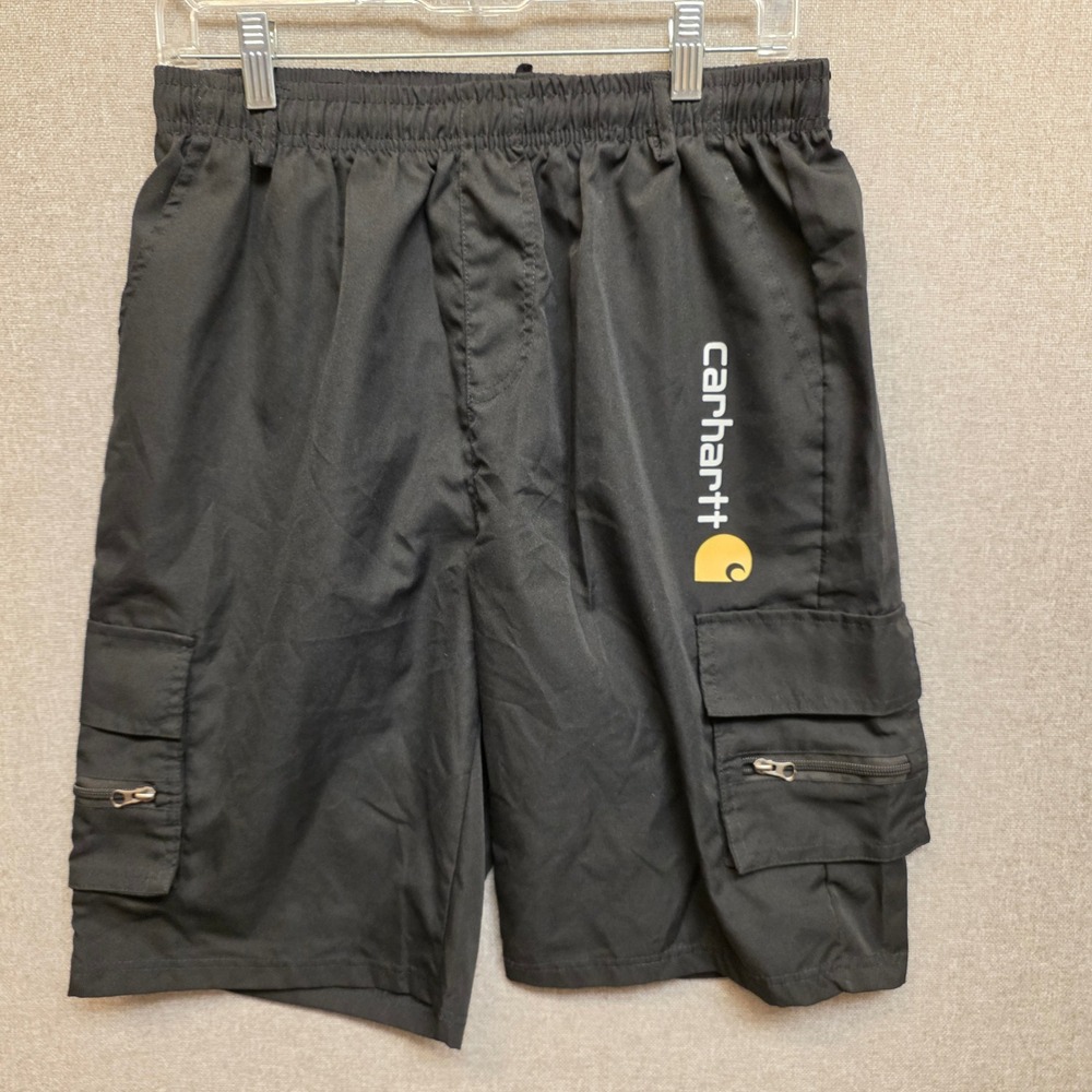 Carhartt Mens Black Cargo Shorts Elastic Waist Logo Graphic Size Medium 0406